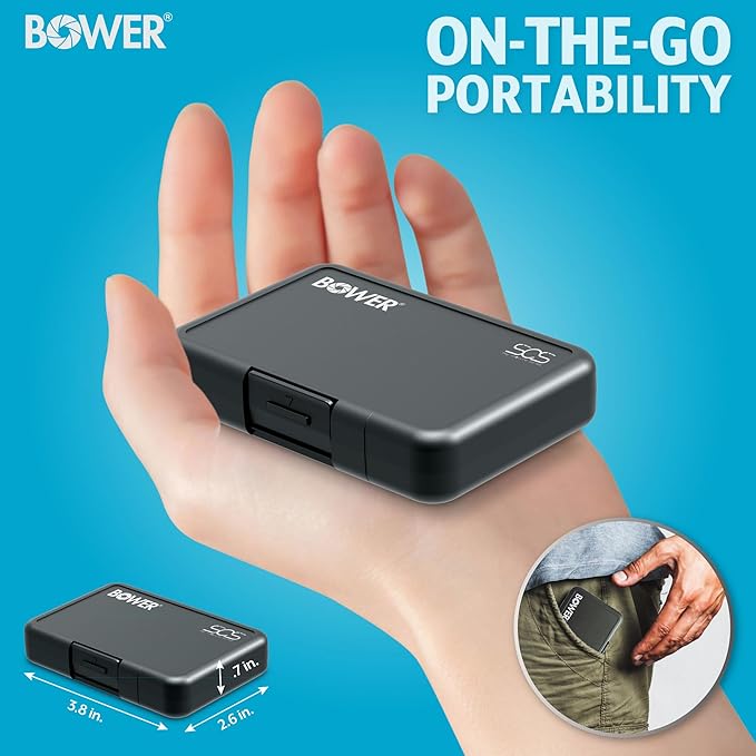 Bower Sky Capture Series Memory Card Case | Rugged Hard Plastic Exterior with Shock Absorbing Liner, Secures up to 12 Memory Cards with Snap-in Locking System for SSD/SD/Mini SDHC Flash Drive | Black