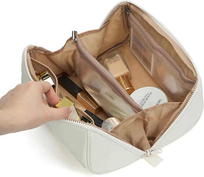 NISHEL Travel Makeup Bag for Women, Fluffy & Lightweight Open Flat Cosmetic Organizer with Multiple Functional Divider for Brush Independent Storage, Handle for Easy Portability, Beige