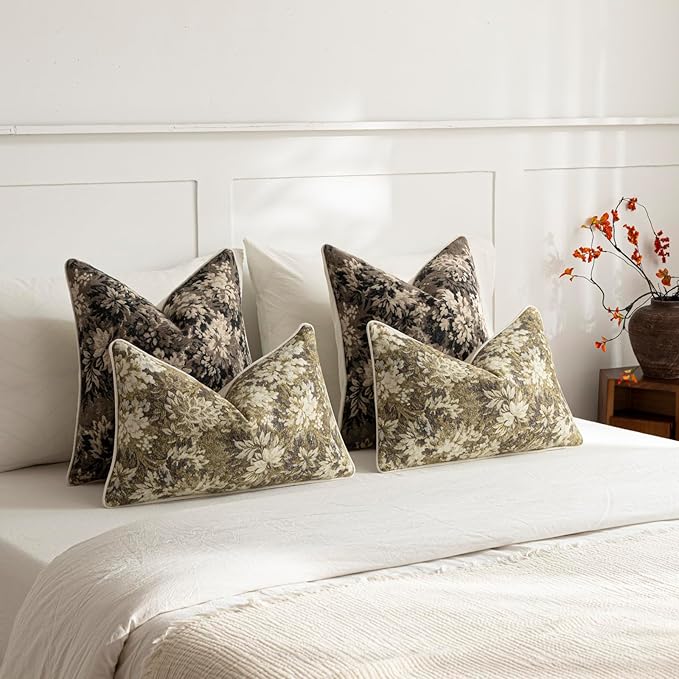 DEZENE Pack of 2 Vintage Floral Throw Pillow Covers 16x16 Boho Farmhouse Accents Chenille Square Decorative Pillow Cases for Living Room Couch Bed Home Decor, Taupe
