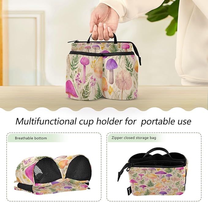 Luggage Cup Holder for Suitcases Free Hands Suitcase Cup Holder Travel Luggage Drink Holder Portable Luggage Cup Caddy Bag Carrier with Handle Mushroom Colorful Pattern