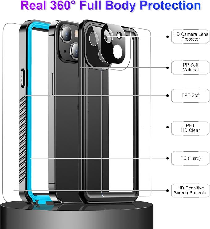 Compatible with iPhone 13 Case Waterproof, Built-in Screen & Camera Protector IP68 Underwater Full Body 13FT Military Dropproof Shockproof Phone Case 6.1"-Blue/Clear