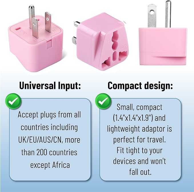 Bates- Universal Travel Plug Adapter, 2 Pack, Pink, Converts EU/UK/AU/Asia Plugs to USA Outlet, Europe to US Plug Adapter, UK to US Outlet, Compact Design for Home, Office