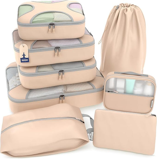 Shacke 8 Set Packing Cubes for Travel – Complete Luggage Organizer Set with Laundry, Shoe, Toiletry & Accessories Bag, Suitcase Travel Organizer (Nude Biege)