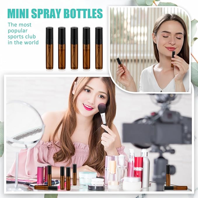 Zhehao 1 Pcs Mini Spray Bottles 5 ml Clear Glass Perfume Bottles Refillable Fine Mist Perfume Atomizer Portable Empty Sample Containers for Cleaning, Essential Oils, Travel (Amber)