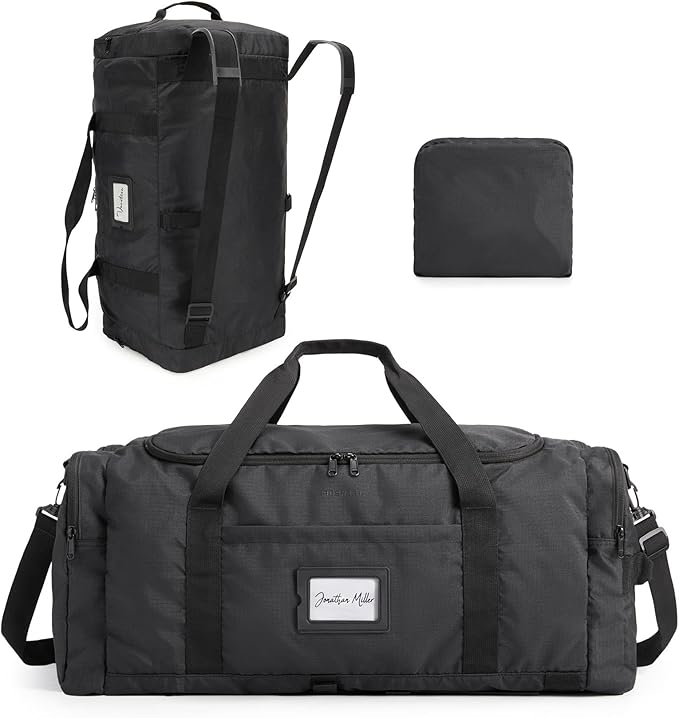 BAGSAMRT 60L Foldable Duffle Bag for Travel, Large Travel Duffel Bag for Men, 4 in 1 Travel Backpack, Carry on Weekender Bag, Black