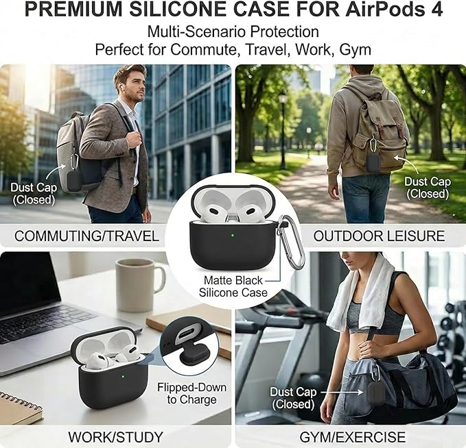for AirPods 4th Case Cover, Soft Silicone Case with Cleaner Kit, Keychain, Full Protection for Men and Women, Compatible with AirPods 4th Generation (Black)