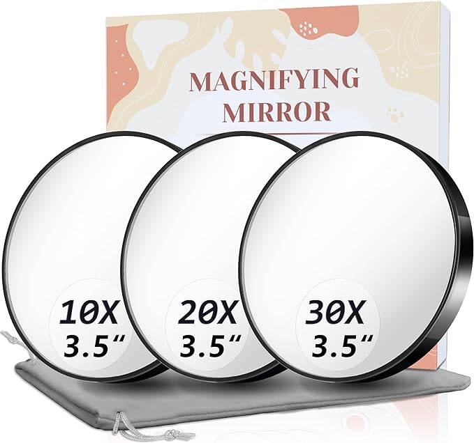 Magnifying Mirror, 10X & 20X & 30X Set, Magnified Mirrors 3.5" with Two Suction Cups, Travel Magnifying Mirror Set Comes with Portable Storage Bag, Compact Small Magnified Mirrors for Travel(Black)