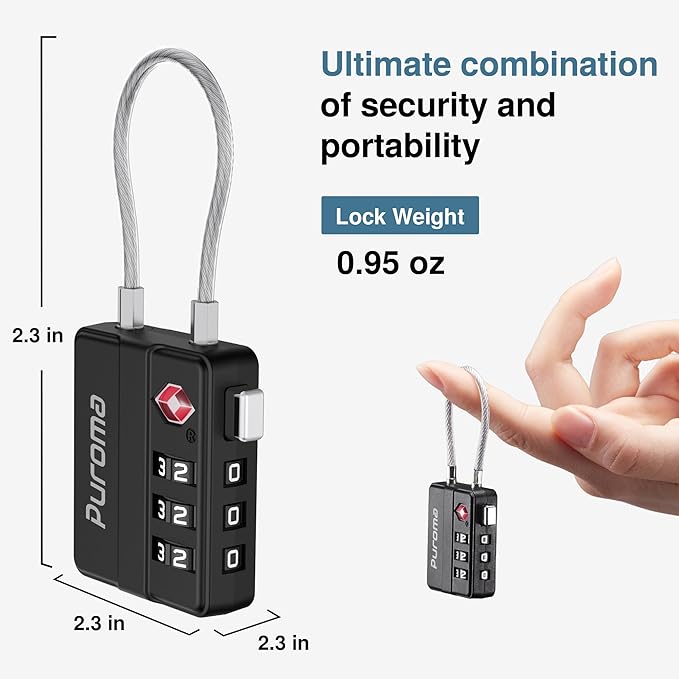 Puroma TSA Locks for Luggage, 2 Pack Cable Lightweight Luggage Locks TSA Approved 4-Digit Combination Padlock for Suitcases, Bags, Toolboxes, Backpacks & Gym Lockers (Black)