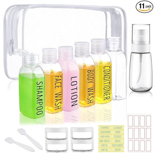 Travel Bottles for Toiletries 10 Pcs 3.4oz Travel Size Toiletries TSA Approved Pre-labeled Travel Shampoo Bottles Refillable Spray Bottle Leak Proof Small Cream Jars for Body Wash Lotion(Clear)