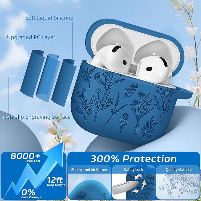 for Airpods 4 Case, Ekoonpft Flower Engraved Cases for Apple AirPods 4th Generation 2024, Soft Silicone Cover for Women Girly with 3-in-1 Cleaner Kit, Keychain, Military Grade Protection