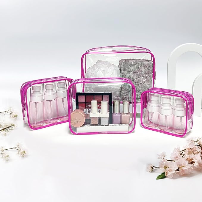 4 Pack Clear Makeup Bags, TSA Approved Toiletry Bag Car Organizer Travel Cosmetic Case Portable Travel Essentials Bags for Toiletries Clear Summer Beach Bag Carry on Airport Airline Compliant Bag
