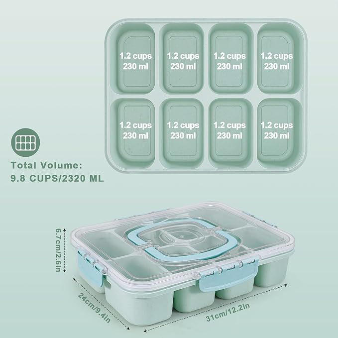 Snackle Box Container, Large 8-Compartment Divided Serving Tray with Lid and Handle, Portable Snack Tray for Travel Party Beach Picnic, Dishwasher Safe, BPA-Free, Wheat Straw
