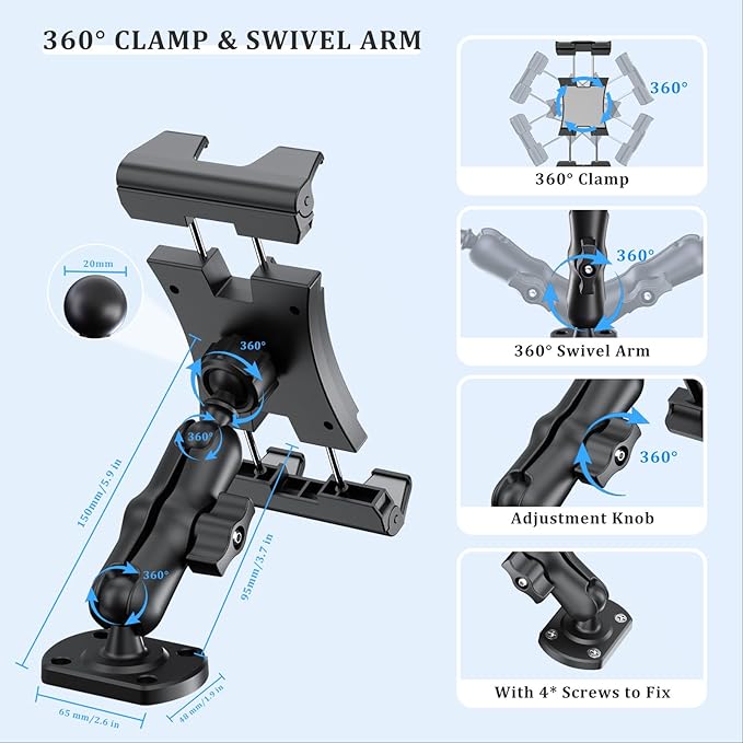 OHLPRO Tablet Holder for Car & Truck Dashboard Heavy Duty iPad Mount with Upgrade Double Spring Clamp & Drill Base 360° Rotating Arm for 5"-13" Tablets & Phones Kindle, Fit for Vehiclesa, Wall, Desk