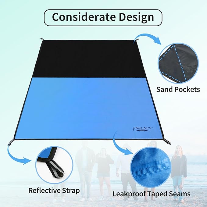 Frelaxy Pocket Picnic Blanket, Waterproof Sandproof Beach Mat, Compact Camping Tarp for Festivals, Hiking, Travel, Outdoor Recreation (Blue, 35'' x 57'')