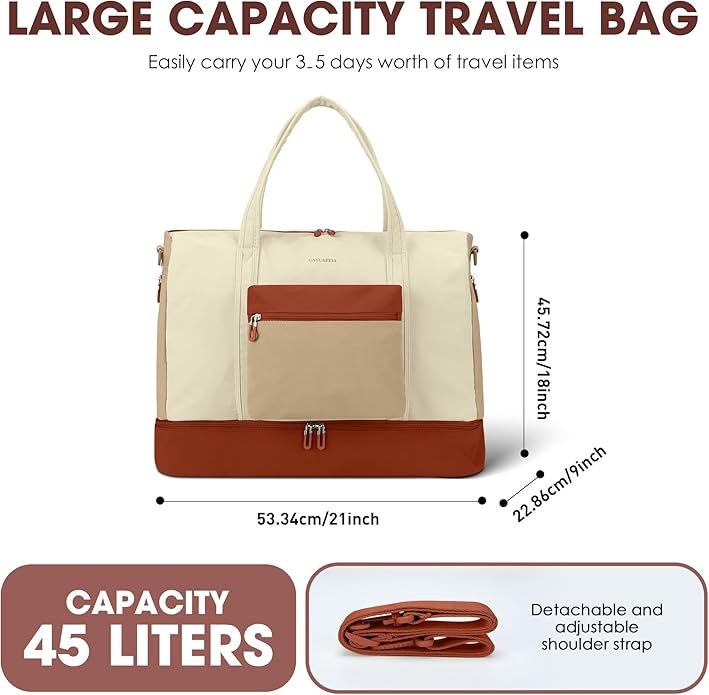 Women's Weekender bag Travel Duffel Bag with Shoe Compartment 21-inch Airline-Approved Carry-On, 2-Piece Overnight Bag Set Personal Item Luggage