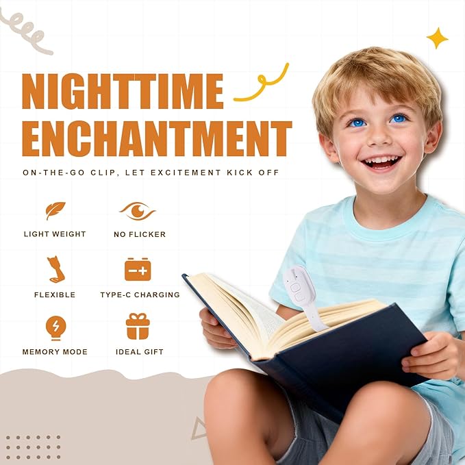 Rechargeable Kids Book Light, Cute Bookmark Reading Light for Kids, Dimmable Portable LED Book Light for Reading in Bed, Eye-Caring Bedtime Reading Lamp for Children & Travel, White
