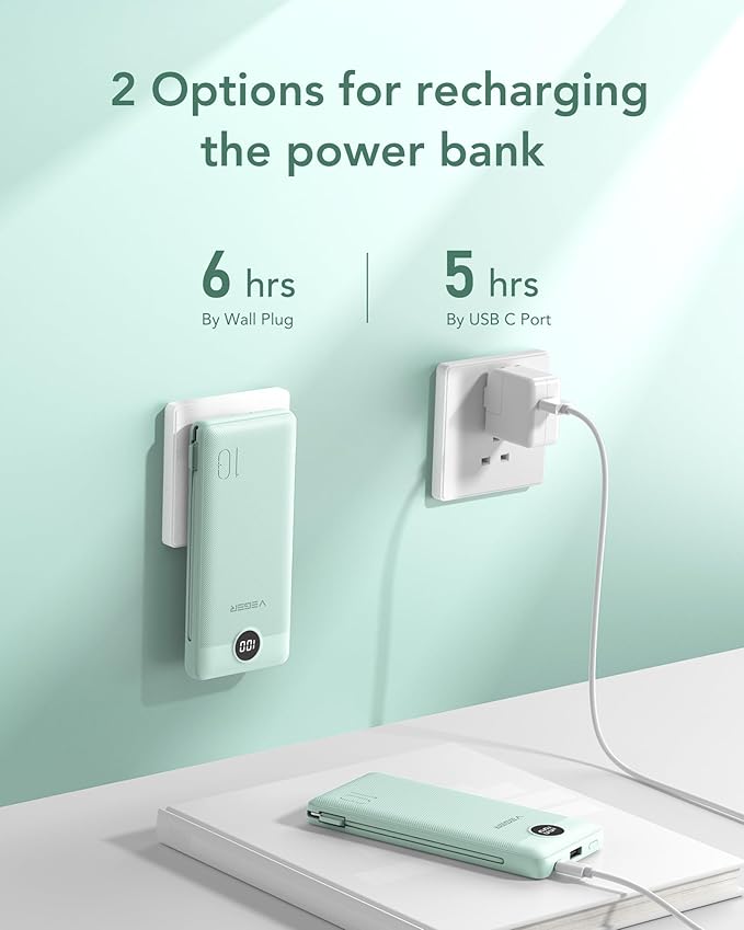 VEGER Portable Charger with Built-in AC Plug and Cables, All in One 10000mAh Ultra Slim Power Bank Emergency Fast Charging for Travel Battery Pack Compatible with iPhone, Samsung, Android, Green