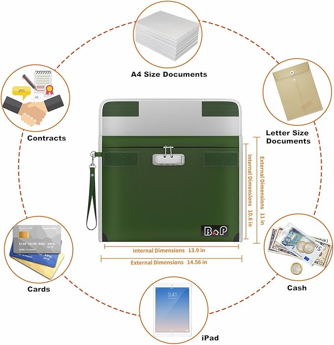 Fireproof Bag with Lock - 4200°F Heat Insulated, Waterproof Fireproof Money Bag with Zipper, Fireproof Document Bag for for Letter,A4,A5 Size Documents/Cash/Valuables/Passport, 13.9"x10.6"(Olive Drab)