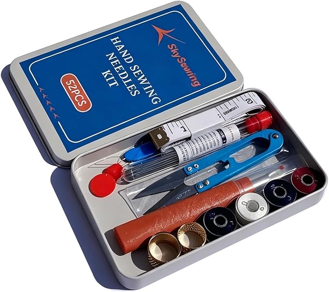 Skysewing 52PCS Large Eye Hand Sewing Needles Kit with Metal Box, Mini Sewing Kit with Threaders, Thimbles, Seam Ripper, Portable Sewing Repair Kit for Adults Beginner Travel Clothing Repair Home Use