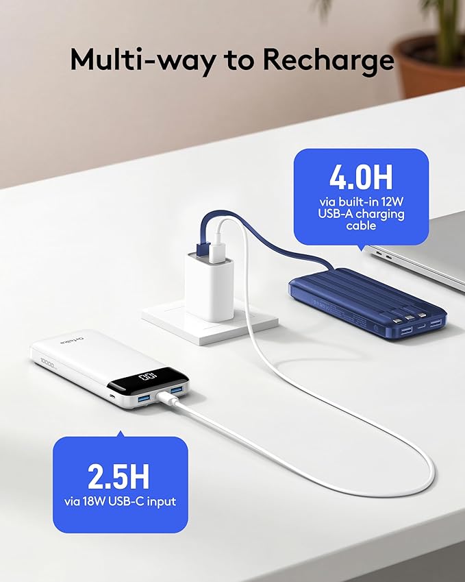 Orfeika Portable Phone Charger, 10000mAh Portable Charger 22.5W Fast Charging Power Bank with Built-in Cables, Travel Essential Battery Pack Compatible with iPhone, Samsung, Google, iPads, etc