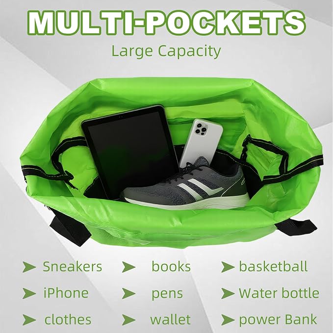 Tygelluis Drawstring Backpack, Waterproof Gym Bag with Water Bottle Pocket for Women Men, Pull String Sport Bag for Swim, Soccer and Basketball,Green
