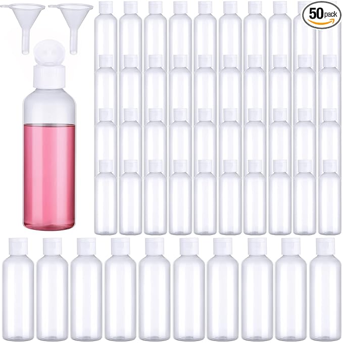 50 Pcs 3.4 oz Travel Bottles for Toiletries TSA Approved Leakproof Plastic Empty 100 ml Travel Size Bottles Bulk Refillable Squeeze Clear Container for Cosmetic Shampoo Liquids(Clear, White)