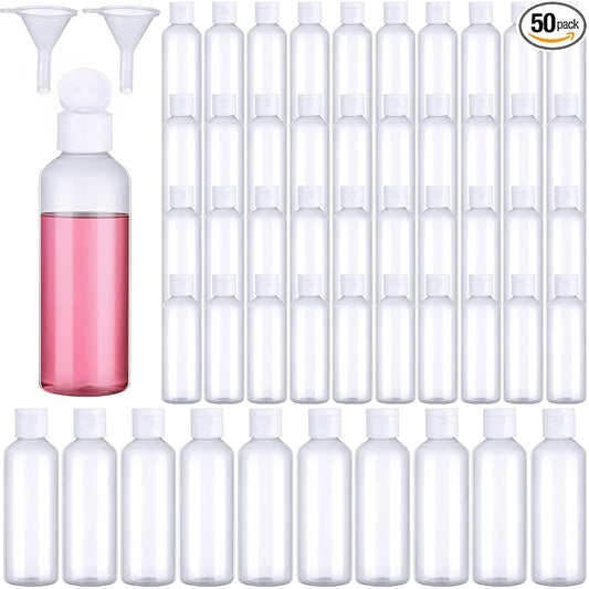 50 Pcs 3.4 oz Travel Bottles for Toiletries TSA Approved Leakproof Plastic Empty 100 ml Travel Size Bottles Bulk Refillable Squeeze Clear Container for Cosmetic Shampoo Liquids(Clear, White)