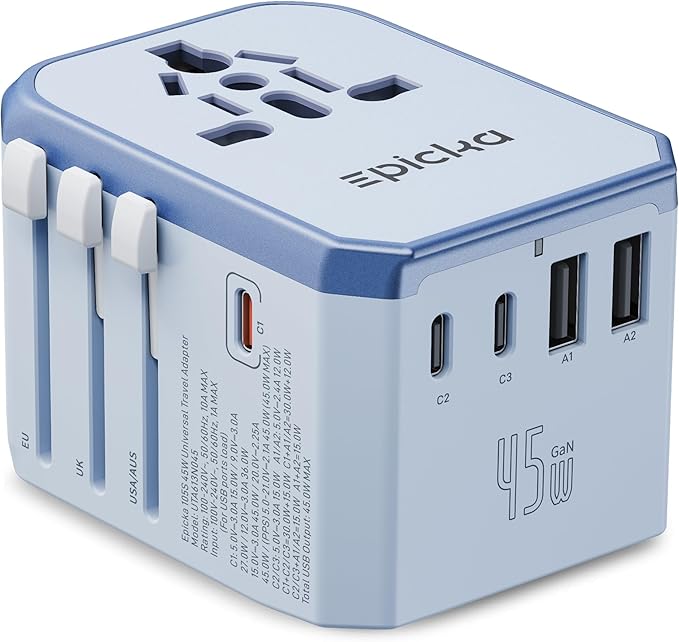 EPICKA Universal Travel Adapter GaN 45W, European Travel Plug Adapter with PD&QC Fast Charging(2 USB-A & 3 USB-C Ports) - Worldwide Travel Essentials, International Power Adapter for UK/US/AU (Blue)