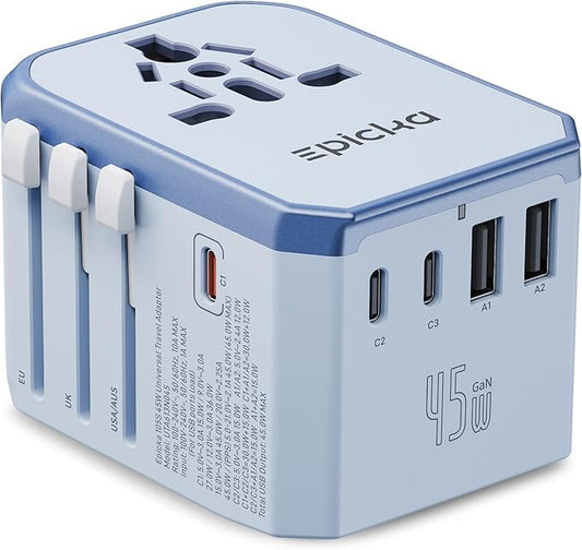 EPICKA Universal Travel Adapter GaN 45W, European Travel Plug Adapter with PD&QC Fast Charging(2 USB-A & 3 USB-C Ports) - Worldwide Travel Essentials, International Power Adapter for UK/US/AU (Blue)