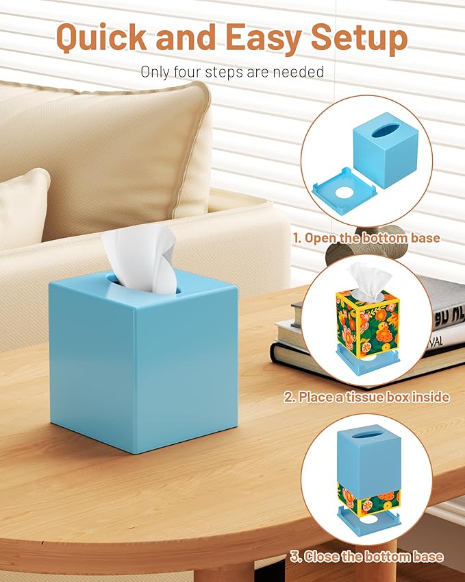 Tissue Box Cover, Square Plastic Tissue Box Holder with Anti Slip Base, Modern Decor Facial Napkin Holder for Bathroom Vanity Countertop, Bedroom Dresser, Night Stand, Parlors, Offices, Blue