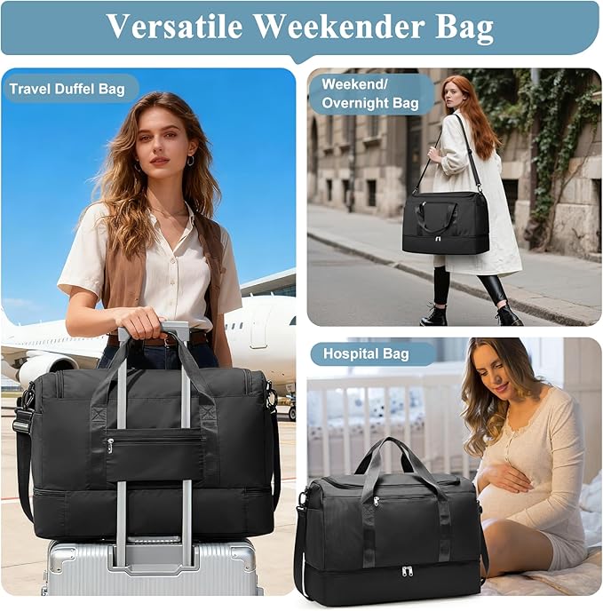 Large Duffle Bag for Travel,Carry-On Overnight Weekender Bags for Women,Travel Duffel Bag,Black