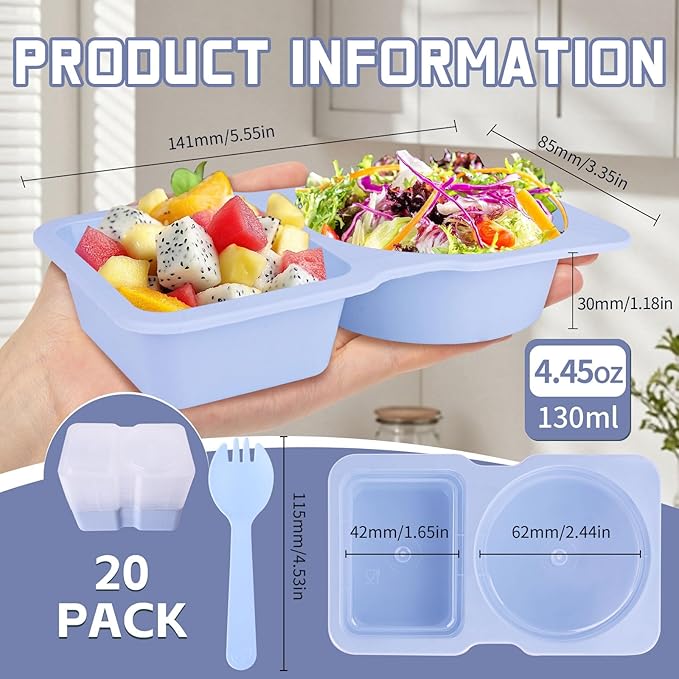 20 Pack Reusable Snack Containers with Lids - Double Compartment Condiment Snack Pack Containers with 20 Forks, Microwave Safe Portion Control Containers for Meal Prep, Take-out, Party & Travel(Blue)