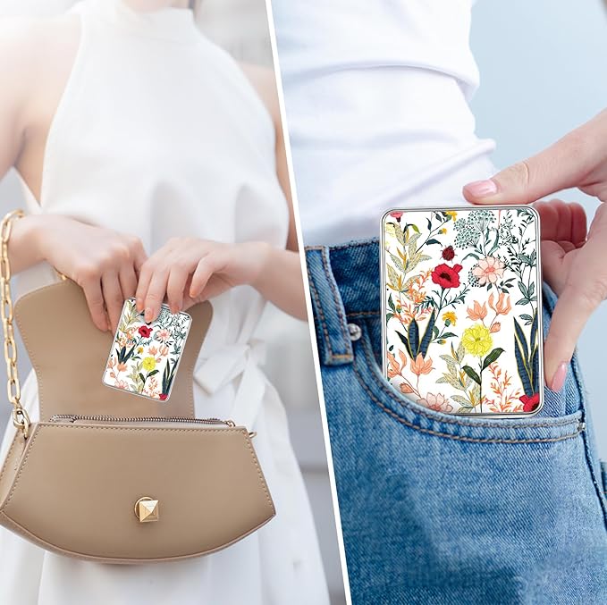 Pocket Mirror, Small Travel Mirror with Magnification, Portable Double-Sided Magnifying Cosmetic Mirror for Daily (White Flowers)