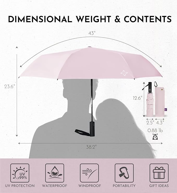 Windproof Travel Umbrella for Rain - 43" Compact Folding Umbrella, Reinforced Strong Frame, Lightweight Portable Parasol with UPF 100+ UV Sun Protection, Cruise Ship Essentials