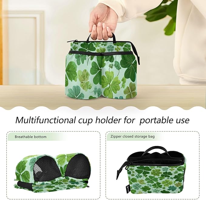 Luggage Cup Holder for Suitcases Free Hands Suitcase Cup Holder Travel Luggage Drink Holder Portable Luggage Cup Caddy Bag Carrier with Handle Green Nature St Patrick Clovers