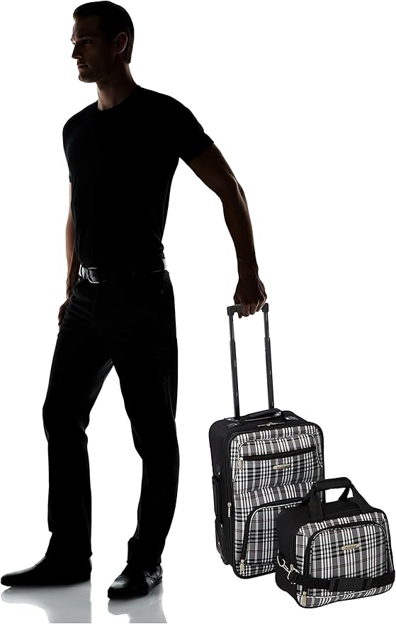 Rockland Fashion Softside 2 Piece Luggage Set, Expandable, (14" Tote/19" Upright), Black Cross