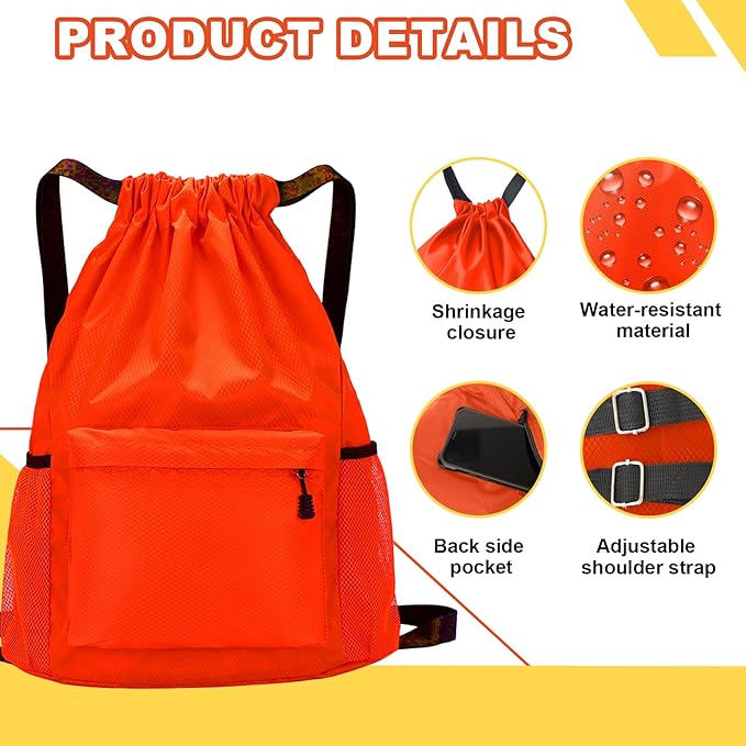 Tygelluis Drawstring Backpack, Waterproof Gym Bag with Water Bottle Pocket for Women Men, Pull String Sport Bag for Swim, Soccer and Basketball,Orange