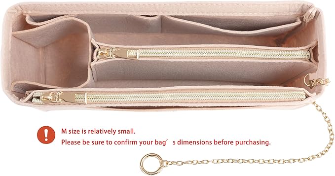 Purse Organizer Insert, Handbag Organizer with Zipper, Tote Shaper with Cup Holder & Keychain, Compatible with LV, Neverfull, MK, COACH, Longchamp, Kate Spade– Khaki-Sl. Med