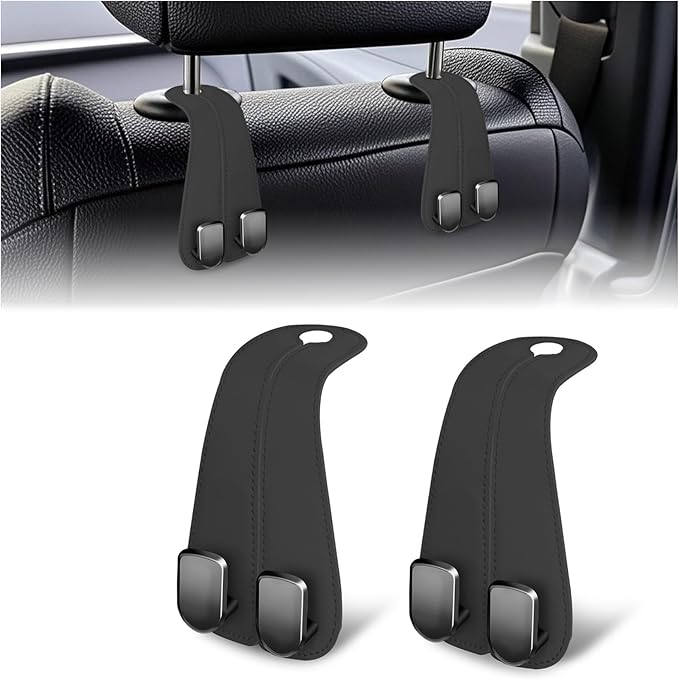 CHOSMOYI 2 Packs Car Seat Hooks, Leather Car Headrest Hook, Car Purse Hook Seat Back Hanger Storage Organizer, Car Hook for Purses and Bags(Black)