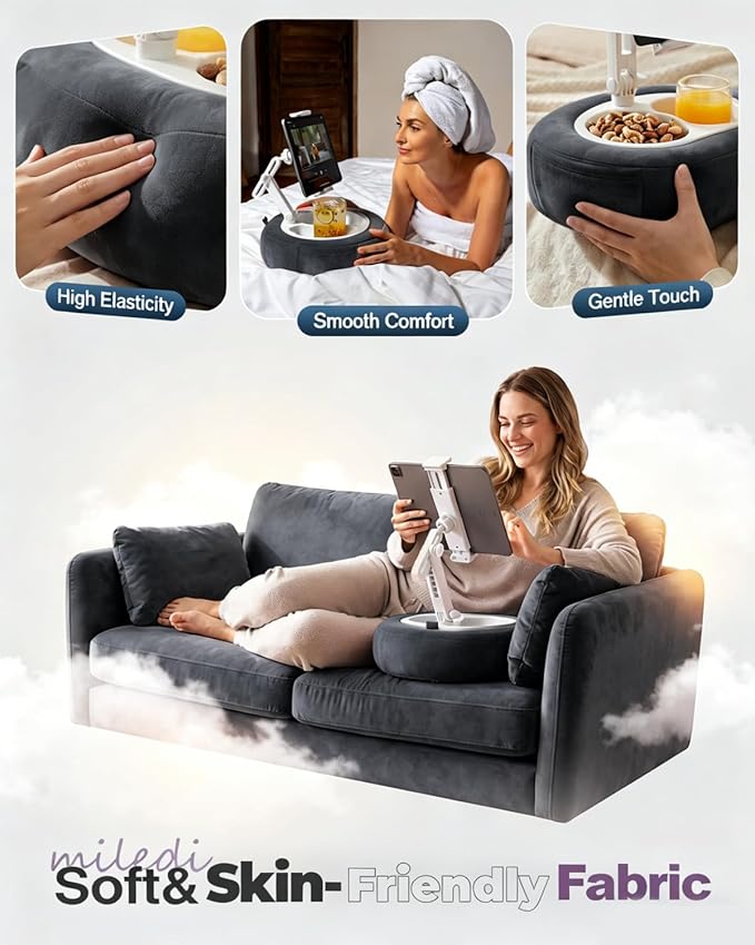 Miledi Tablet Pillow Stand, Compatible with 5"-12.9" Kindle, iPad, Phone/Tablet, 360° Rotating Phone Holder for Bed, Soft Plush Fabric, Detachable Bowl, Reading and Relaxation on Bed, Black