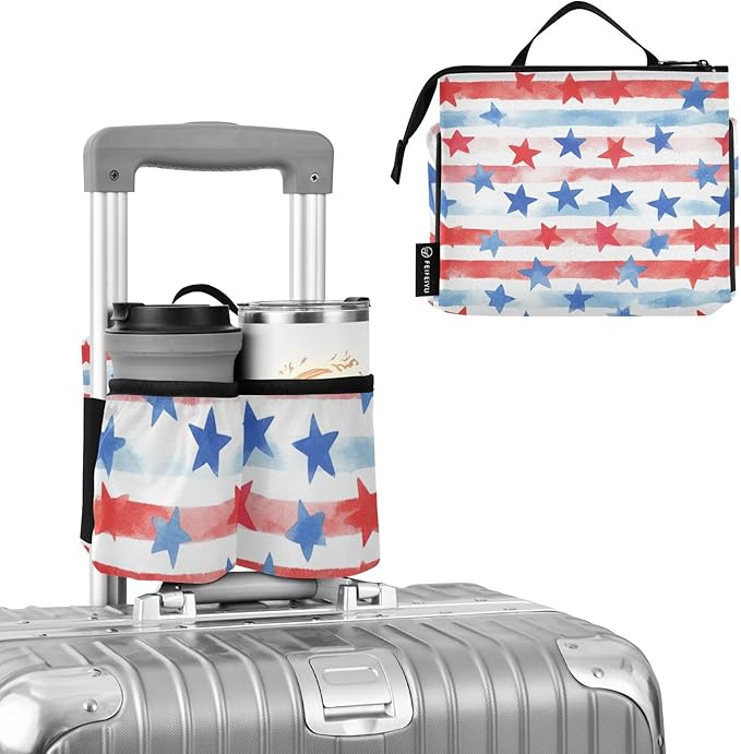 Luggage Cup Holder for Suitcases Free Hands Suitcase Cup Holder Travel Luggage Drink Holder Portable Luggage Cup Caddy Bag Carrier with Handle July 4th Stripes Stars White
