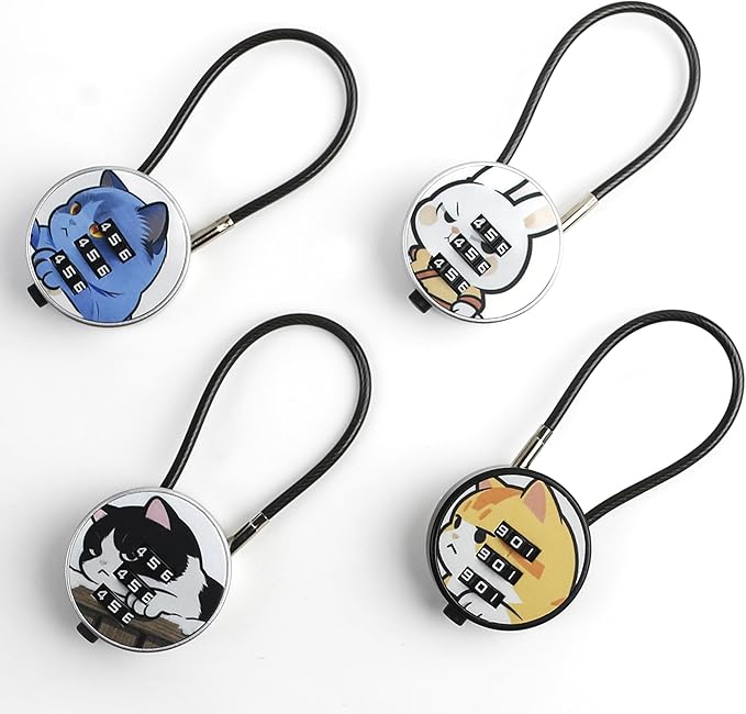 Small Combination Lock for Luggage, Gym Locker, Backpack Bag Zipper, Mini Combo Lock with Code, 5.12 Inch Steel Cable Padlock for Travel Suitcase (4-Cat&Rabbit, Cool)