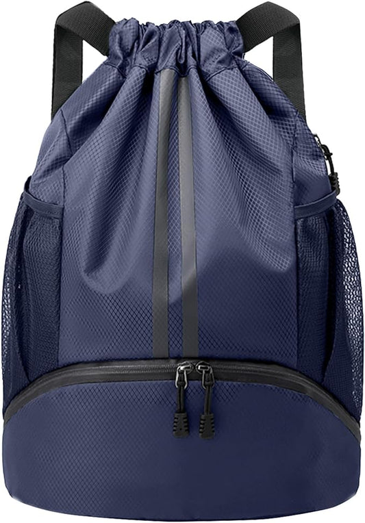 JELUTAR Drawstring Backpack Gym Bag with Shoes Compartment for Soccer, Basketball, Swim, Water-Resistant String Backpack Beach Cinch for Women Men, Navy Blue