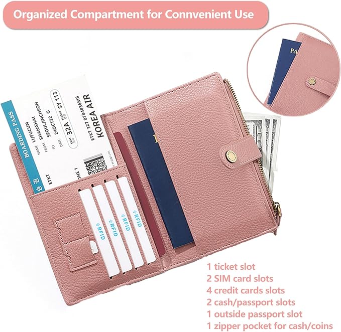 Slim RFID Blocking Passport Holder Wallet,PU Leather Travel Card Organizer,Lightweight Passport Case for Women Men (Pink)