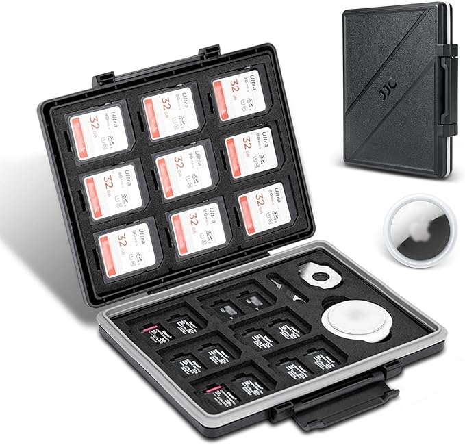 JJC 45 Slots Memory Card Case for 30 Micro SD and 15 SD Cards with AirTag Slot, Water-Resistant Anti-Shock Anti-Dust, Micro SDHC/SDXC TF Card and SD/SDHC/SDXC Holder Organizer Storage