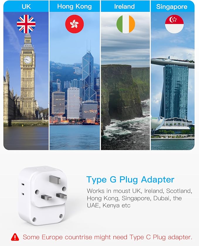 US to UK Plug Adapter for Travel, Ireland Plug Adapter, Type G Adapter with 4 Outlets 4 USB Ports (2 USB C), UK Power Adapter for USA to London Dubai England Scotland British Kenya Qatar Hongkong