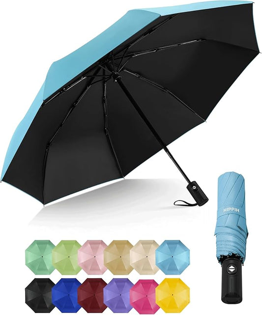 HIPPIH Compact Travel Umbrella for Rain - Windproof Automatic Umbrellas, UV Umbrella for Sun Protection with Black Anti-UV Coating, Portable Small Umbrellas for Backpack, Car, Walking, Kids, Women
