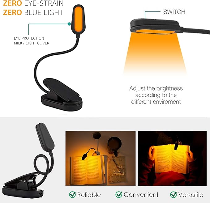 Amber Light + Giftable Amber Book Light - Blue Light Blocking - Night Reading Booklight Store. Rechargeable. 1600K for Reading in Bed at Night. Perfect as a Giftable Kindle Light and LED Book Light.