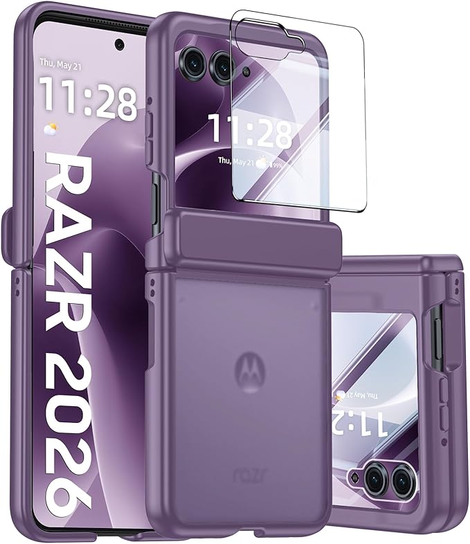 for Motorola Razr 2026 Case with Hinge Protection, Screen Protector, Ultra-Thin Skin Feel Translucent Frosted, Shockproof Cover for Moto Razr 2026-Purple