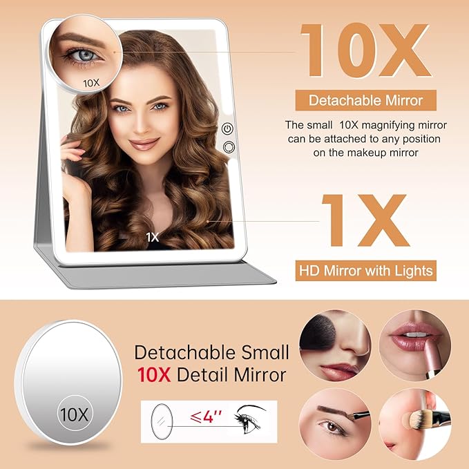FUNTOUCH 2500mAh Large Rechargeable Travel Makeup Mirror with Light, Portable Makeup Mirror with 10X Magnifying Mirror, 3 Lighting Modes, Tabletop Folding Travel Mirror with PU Leather Cover (White)